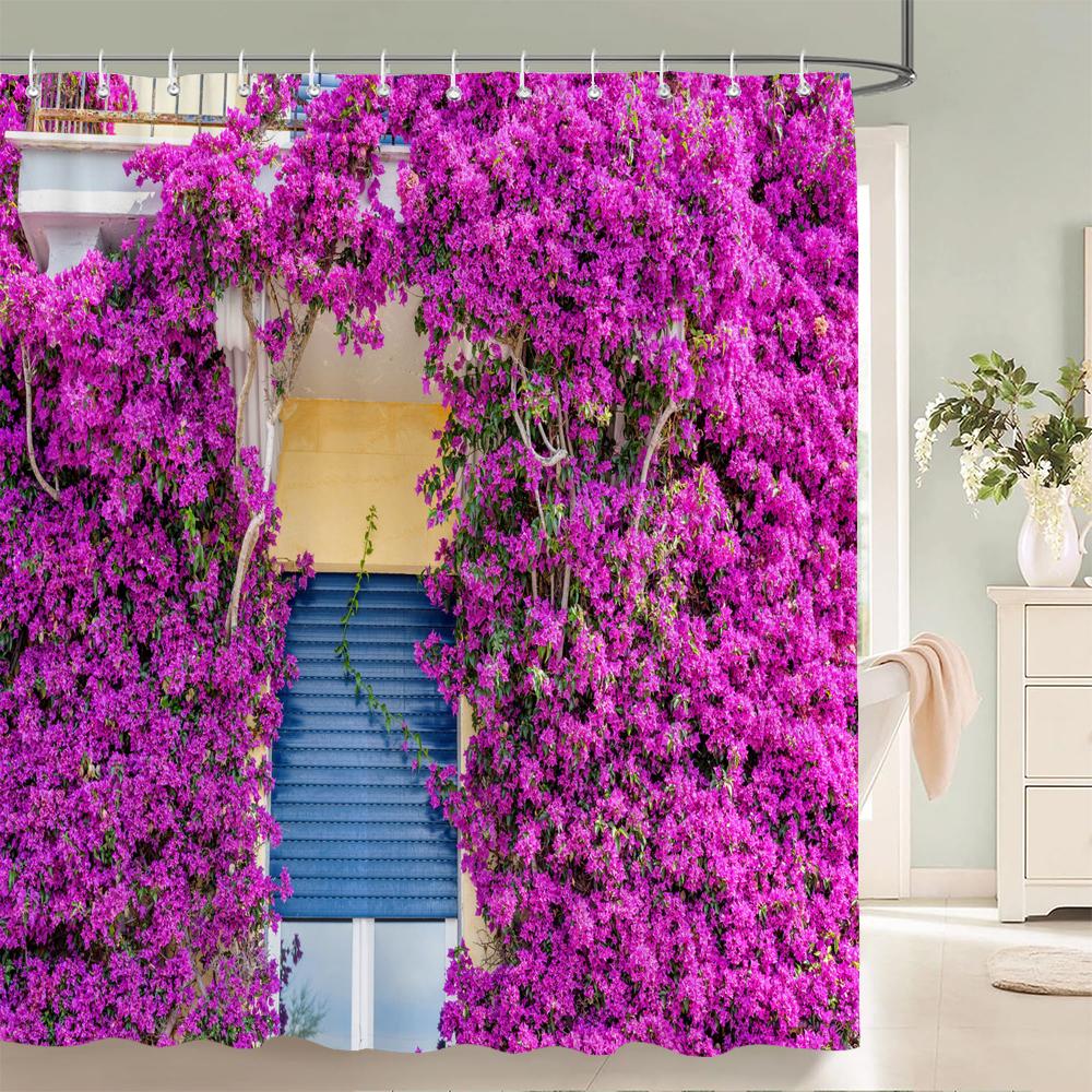 Flower Scenery In Rural Towns Printed Shower Curtain 3D Street Window Flower Landscape Printed Home Decoration Bathroom Curtain