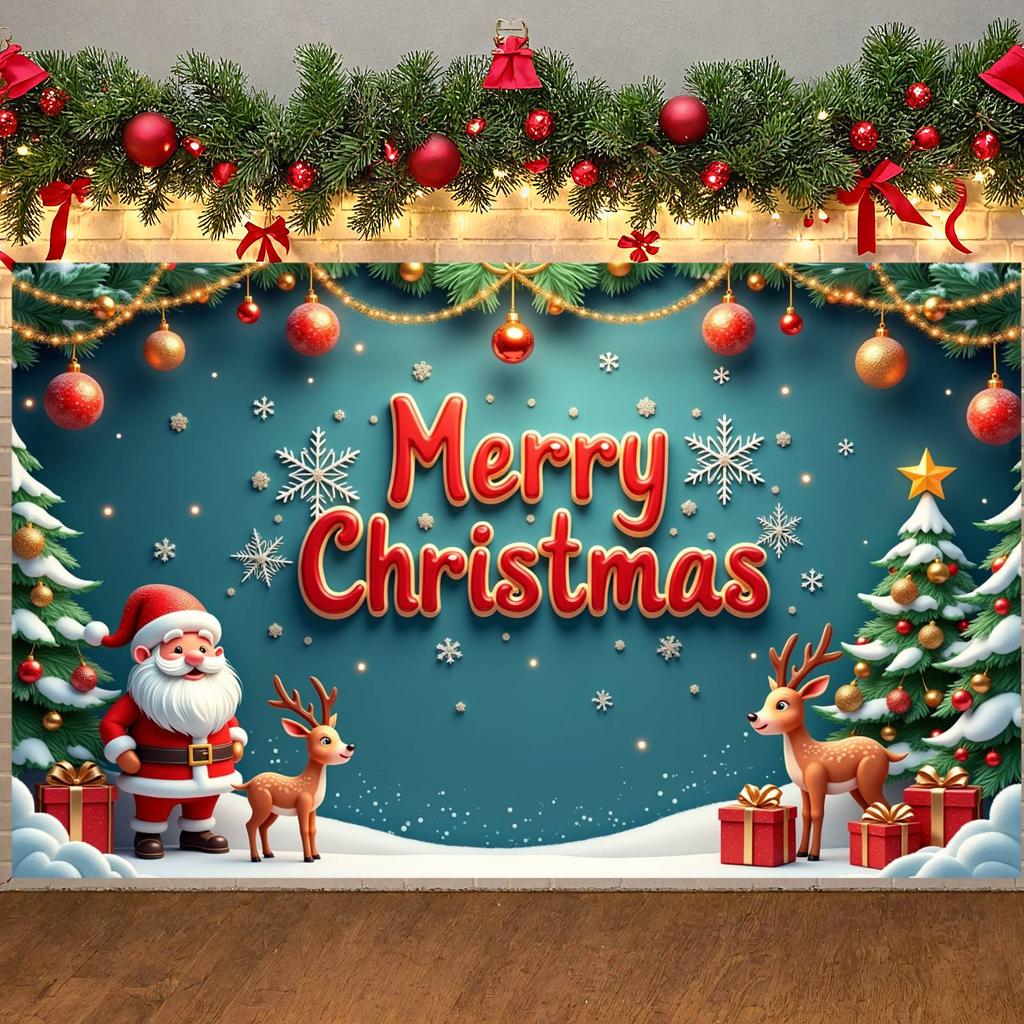 Holiday Banner Gold Ornament Xmas Display Festive Banner Reindeer Xmas Backdrop For Christmas Party Indoor Celebration Office