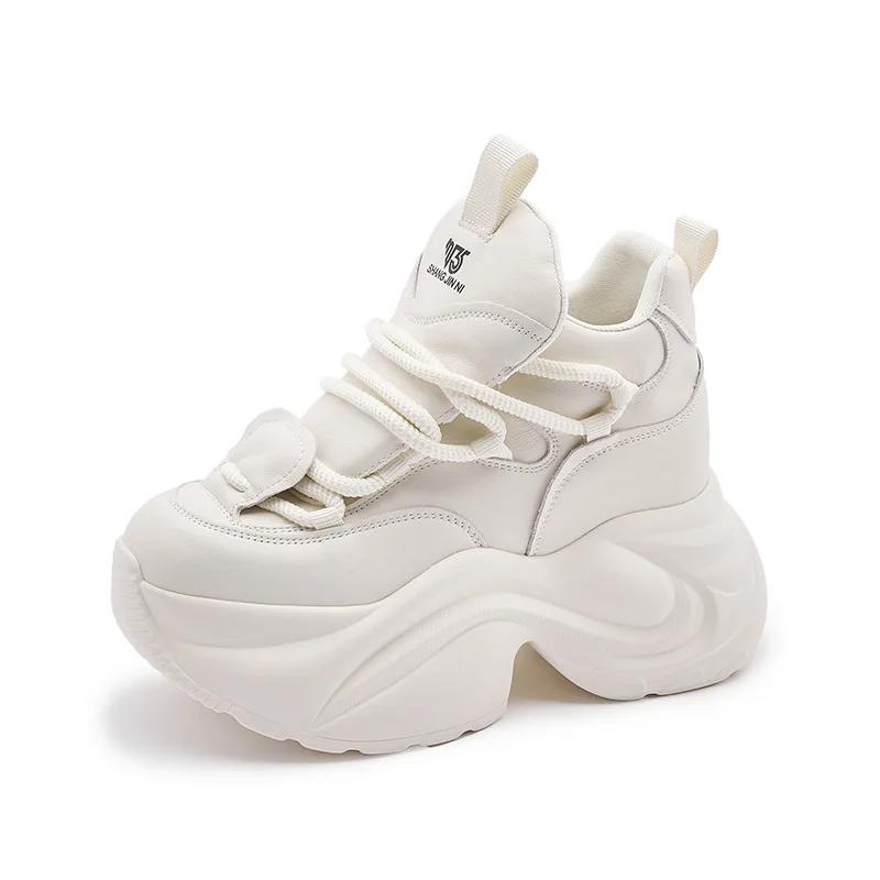 Fashion 9CM Platform Wedge Sneakers Chunky Genuine Leather Women Summer Shoes Spring Autumn Walking Sneakers Vulcanize Fashion