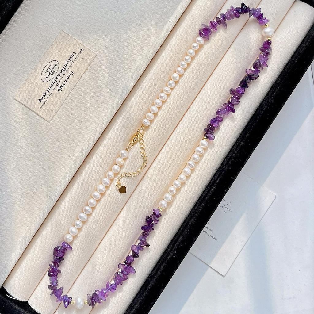 Vind Vintage Naturlig Högkvalitativ Sötvattenspärla Ametist Design Nyckelbenskedja Halsband Trohet