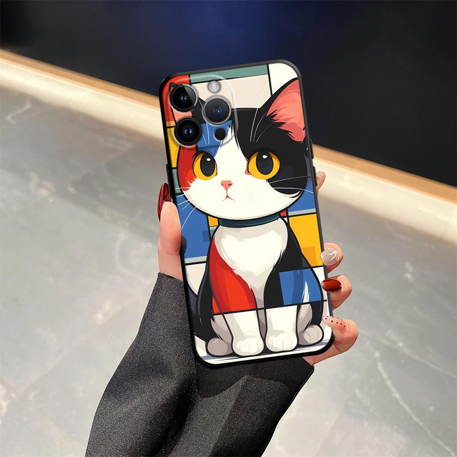 Black Soft Phone Cover Case for iPhone 17Air XS Max XR 7 8 15 16 14 Plus 13 12 11 17 Pro Max Cartoon Cat