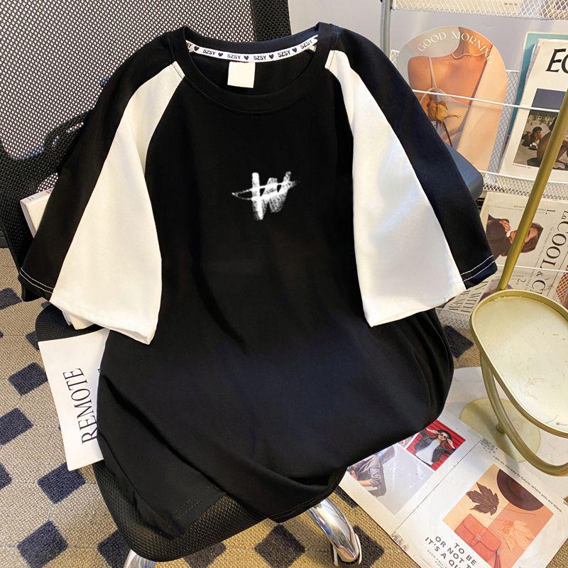 

2025 Женская контрастная цветная повседневная футболка из чистого хлопка с круглым вырезом и коротким рукавом XXL