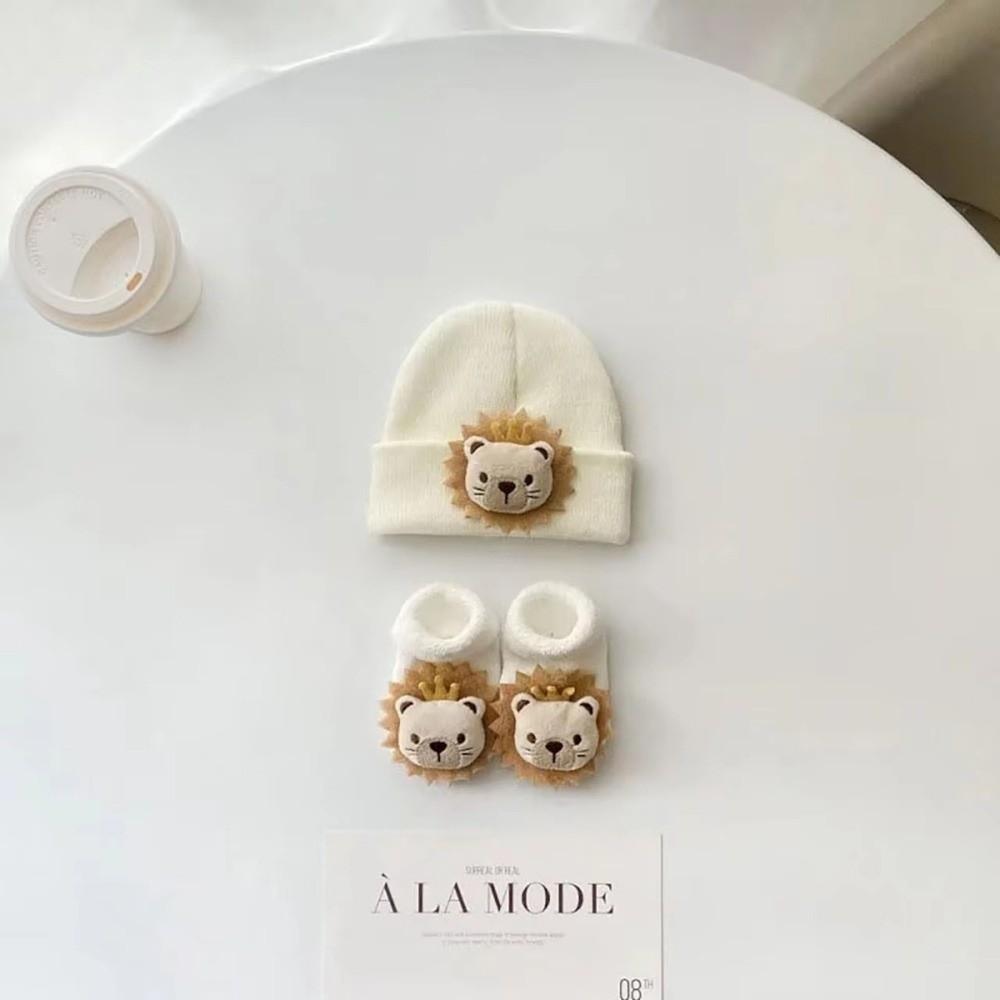 2PCS/Set Cartoon Baby Hat Socks Winter Knitted Newborn Short Socks New Pullover Hats Boy Girl