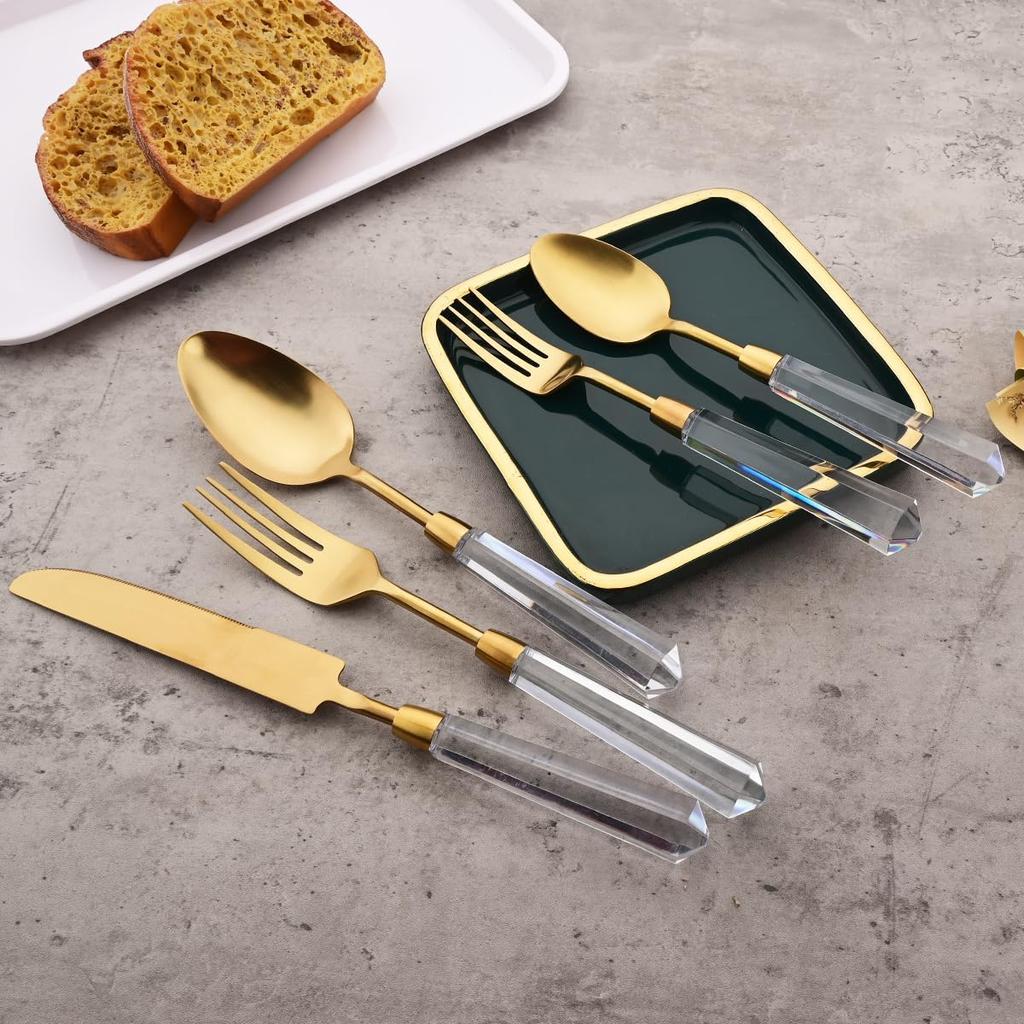 4Piece Gold Stainless Steel Flatware Set with Clear Acrylic Handle Matte Eating Utensils Dishwasher Safe