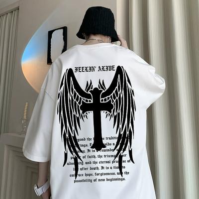 Cotton Men's Summer Loose Crew Neck T-shirt Short Sleeve Cross Print Trendy Brand High Street Fashion High Quality Top