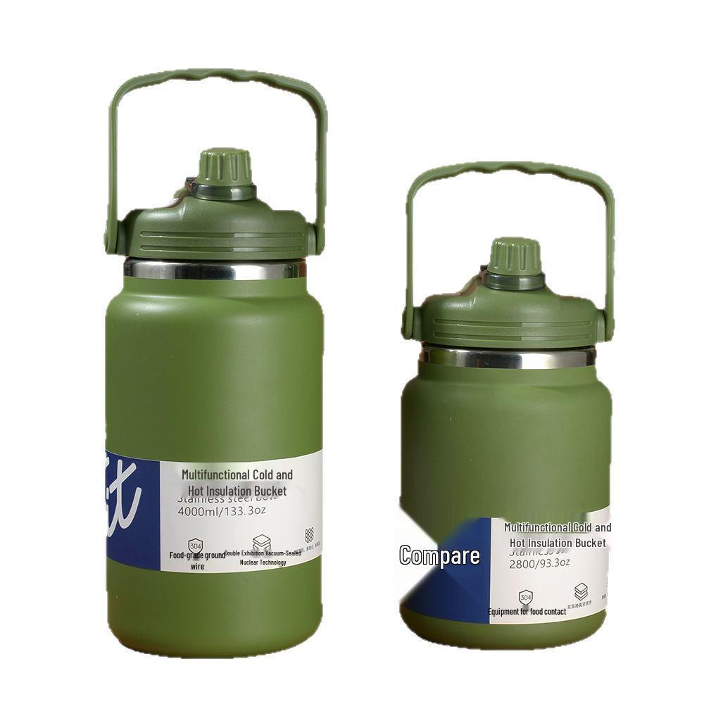 4L Stainless Steel Ice Bucket with Handle - Large Capacity Thermos Flask Cooler and Straw Water Bottle Combo