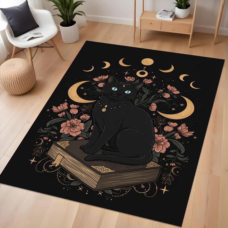 Dark Black Cat Carpet Vintage Floral Animals Print Home Decor Multiple Sizes Non-Slip Mat for Hallway Bedroom Living Room