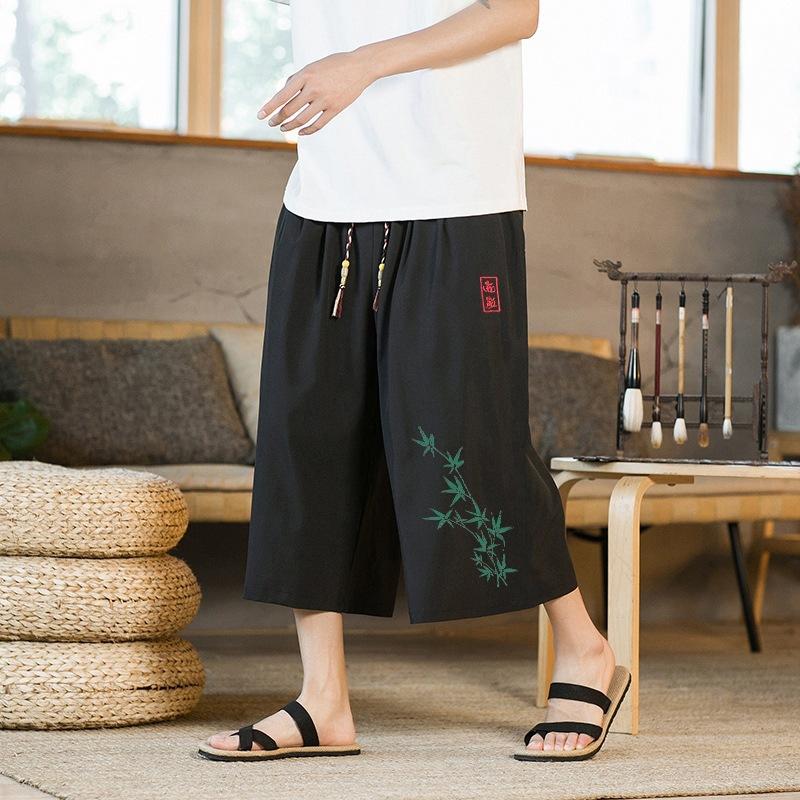 Summer Chinese Style Capri Pants Men's Fashion Casual Loose Harem Pants Man Lightweight Straight Wide Leg Pants Men