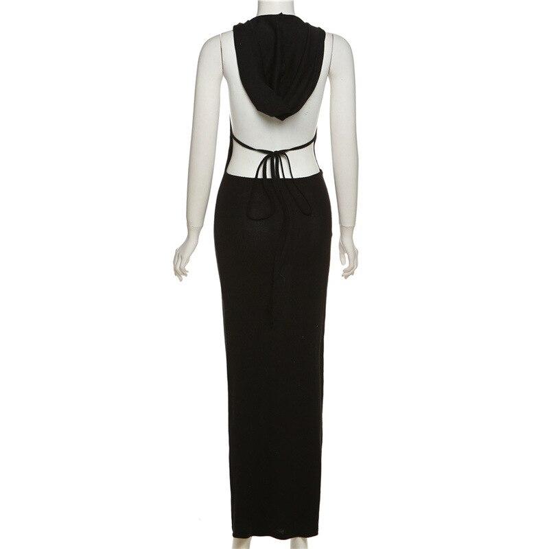 Deep V Neck Sexy Long Hooded Dress Women Fashion Halter Neck Backless Balck Bodycon Y2k Dress Wrap Hip Robe Party Club 26247