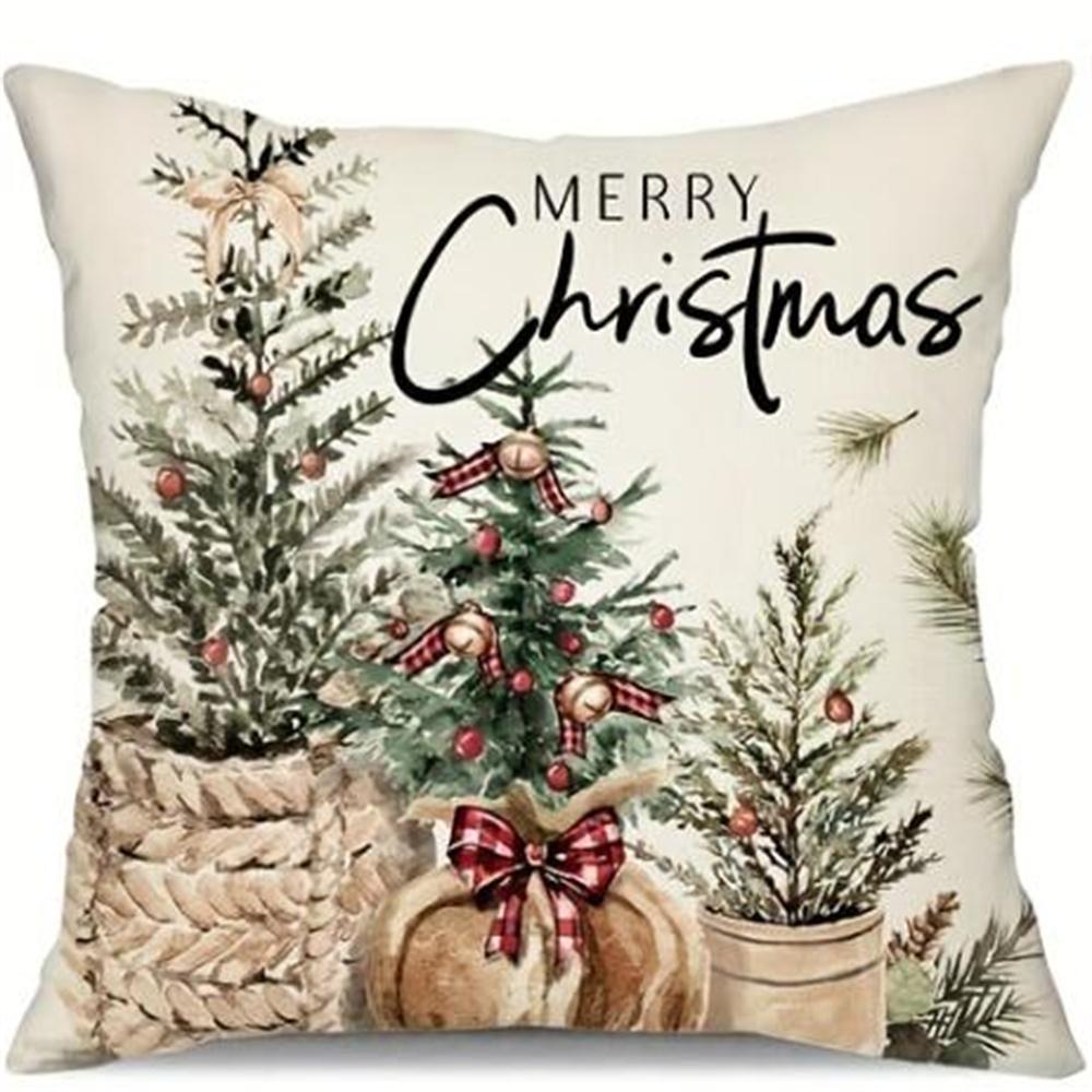 4pcs Linen Christmas Tree Pillowcases Christmas Gift Living Room Sofa Bedroom Zipper Pillow Case Without Pillow Core