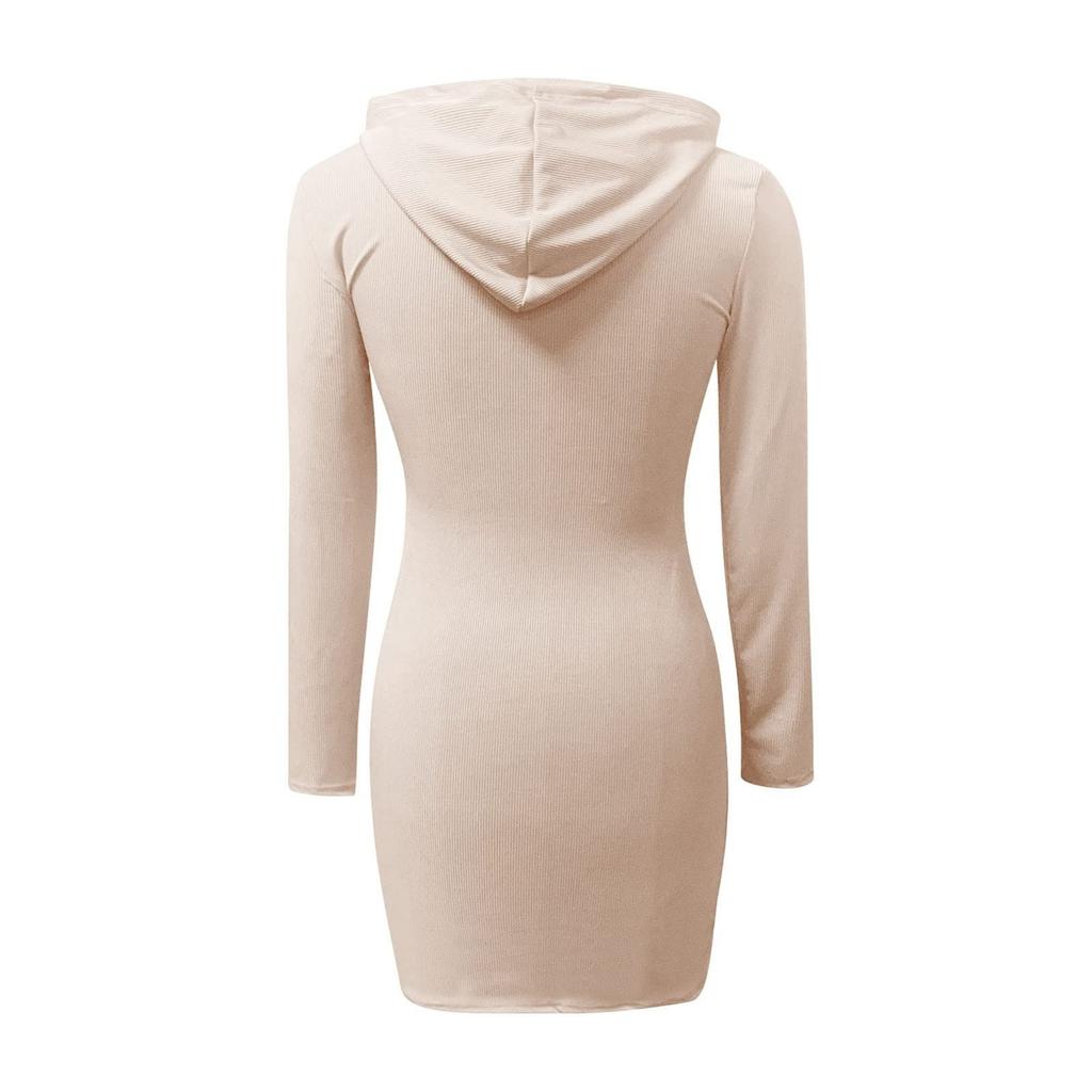 Moda Feminina Vestido Elegante com Capuz e Quadril Manga Longa Cor Sólida