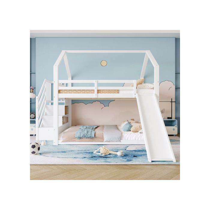 Patrová postel s úložným žebříkem a skluzavkou, přistýlka (bez matrace) 140x200cm, bílý