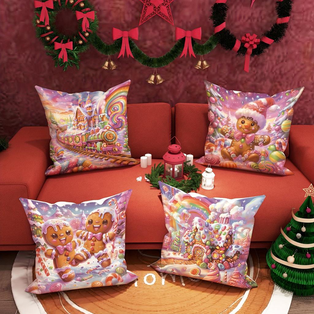 Christmas Decoration Pillowcase Cute Gingerbread Man Color Candy House Pillow Cover Suitable for Home Room Sofa Cushion Cover