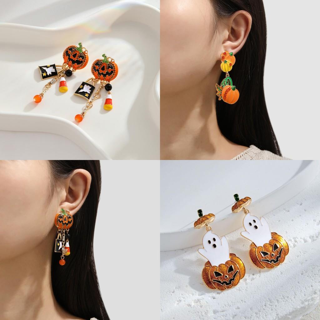 Whimsical Long Pumpkin Earrings For Halloween Featuring Cute Cartoon Characters In Alloy