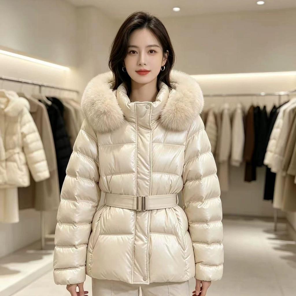 Big fur collar winter temperament chic Korean warm cotton clothes hooded removable lace-up retro jacket waist