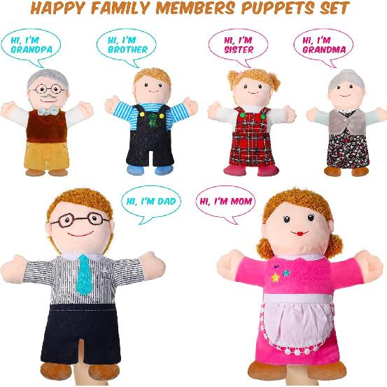 6 Pieces Hand Puppet Set 11.8 Inch Family Members Puppets Soft Plush Hand Puppets Mother, Father, Son, Daughter and Grandparents for Storytelling,
