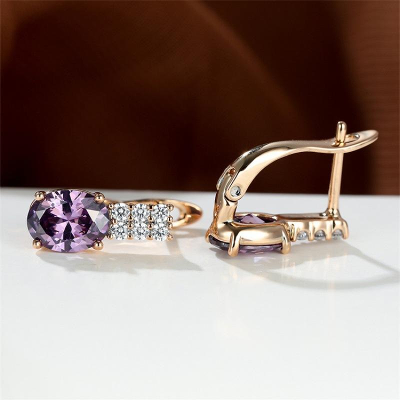 Oval amethyst zircon plated champagne gold ear buckle wedding earrings for women