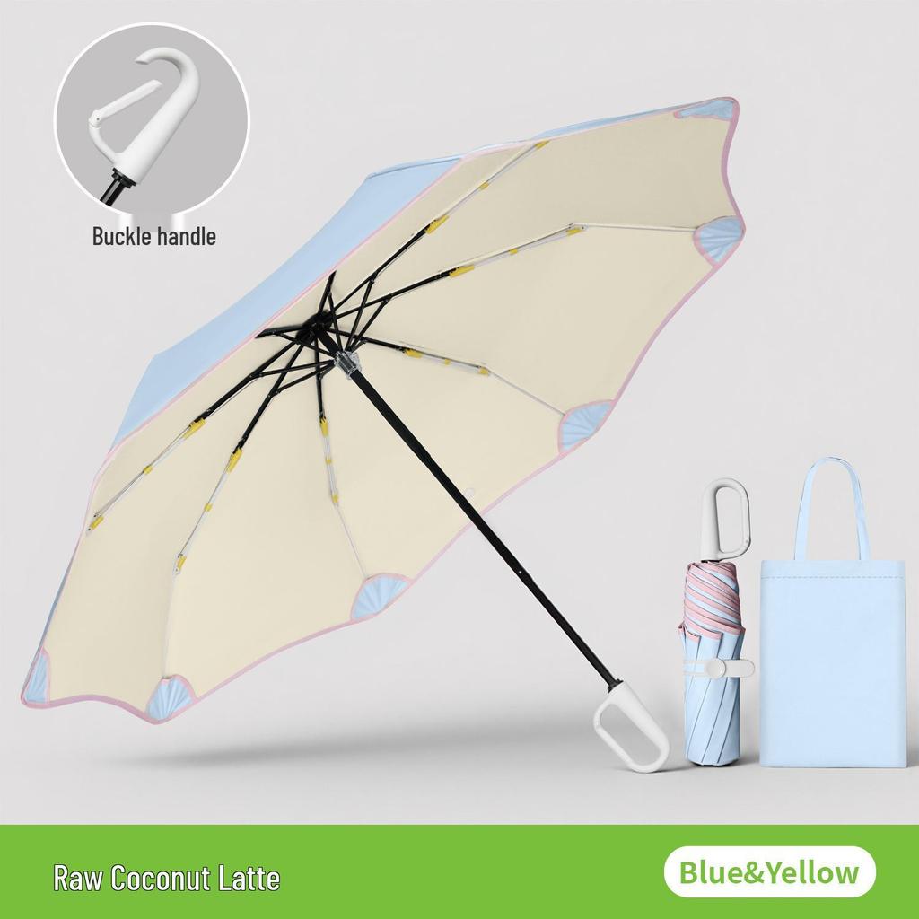 8-Rib Manual Buckle Safety Umbrella with Pink Edges, UV Protection, 3-Fold, for Female Students