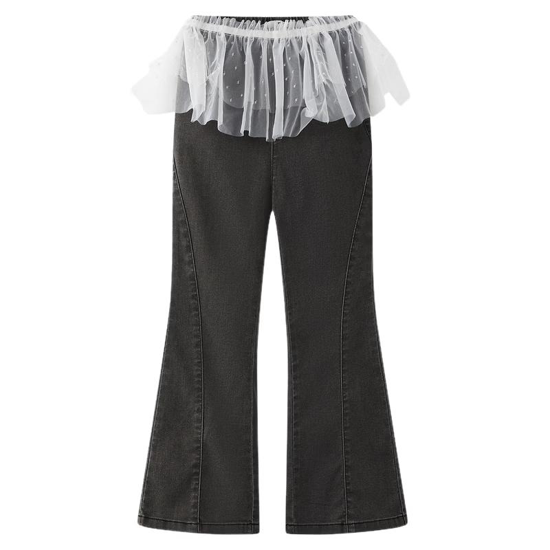 MQD Girls  Detachable Mesh Trim Flared Denim Pants 140cm