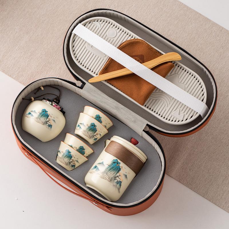 Ru kiln outdoor travel kung fu tea set gift box set high-end Guochao merchandise teacup business gift