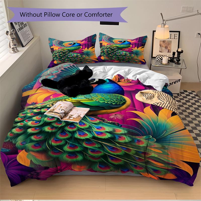 3pcs Peacock Feather Print Duvet Cover Set - Includes 1 Duvet Cover and 2 Pillowcases, No Quilt Core, All-Season Home Decor yy251111024