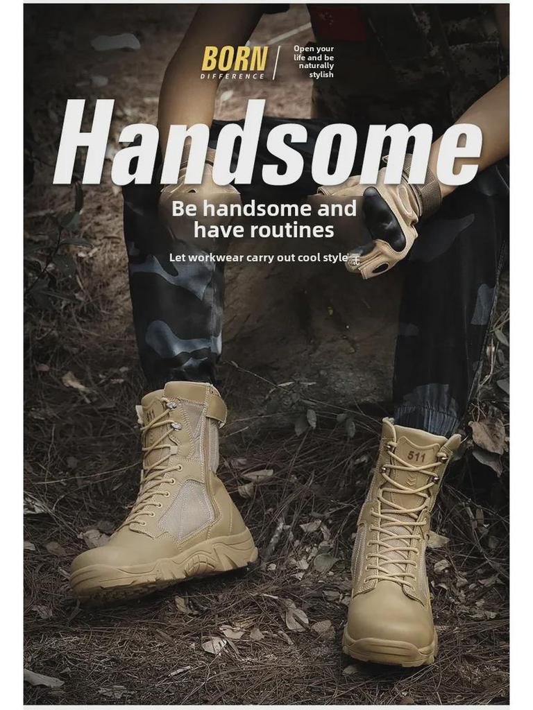 Men's High-Top Leather Outdoor Work Boots - Large Size, Lace-Up, Thick-Sole for Hiking, Autumn/Winter.