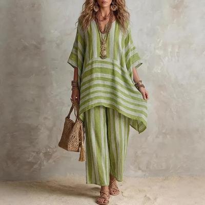 Women's Stylish V-neck Loose Striped Casual Two-piece Set