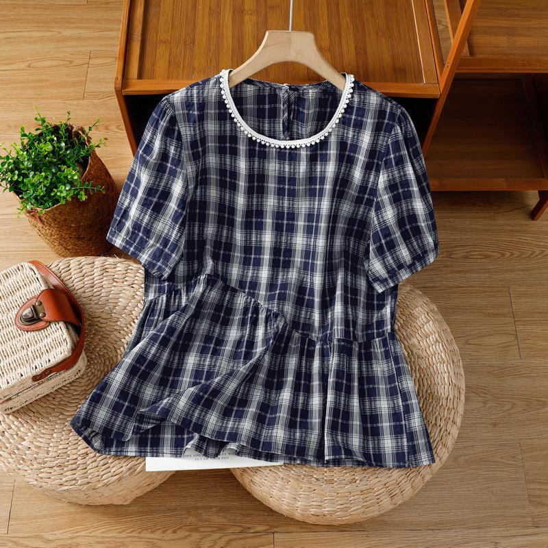 Women s Classic Plaid Patchwork Round Neck T-shirt - Summer 2025 Collection Large синий