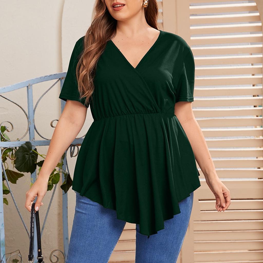 Top Casual da Donna Colorati con Scollo a V, Manica Corta Pieghettata, Taglie Forti