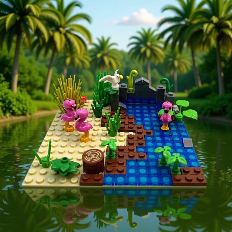Moc Natural Scenery Scene Animals Turtle / Flamingo Diy Small Particle Building Blocks - Diy Assembly Creative Toy Gift