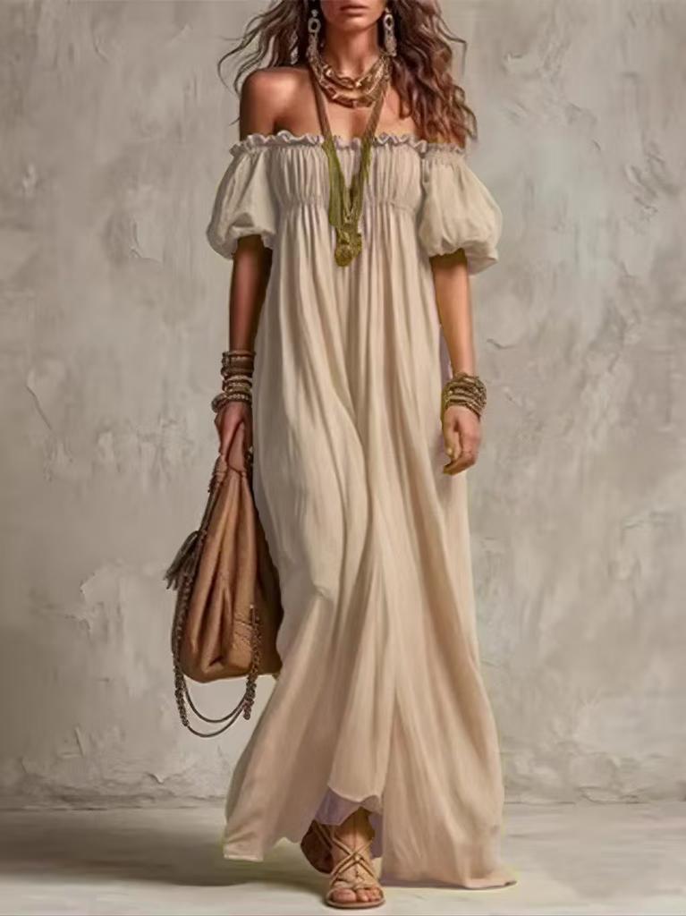 European and American New One-word Shoulder Sexy Cute Backless Lazy Bubble Sleeve Dress Loose and Elegant Long Dress Women