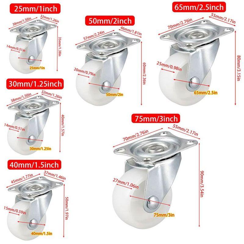 1/2/4Pcs Heavy Duty Caster Wheel 360 Degree White Nylon Rubber Furniture Roller 1/1.25/1.5/2/2.5/3inch Furniture Carts