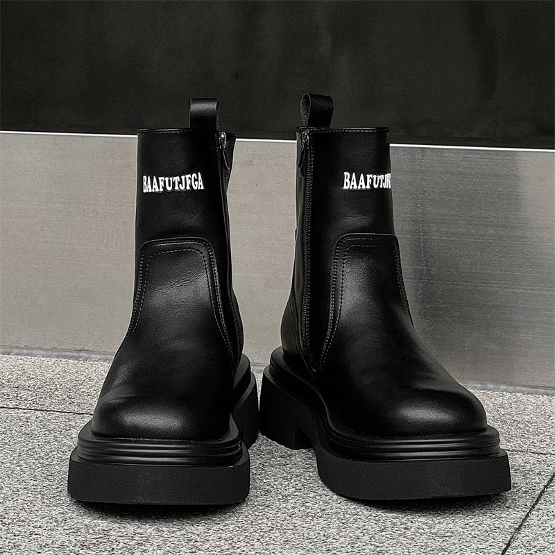 

Men s Casual Leather Chelsea Boots Thick Soled Snow Boots for Couples Anti Slip Fashionable and Versatile High Top Boots 46 чёрный