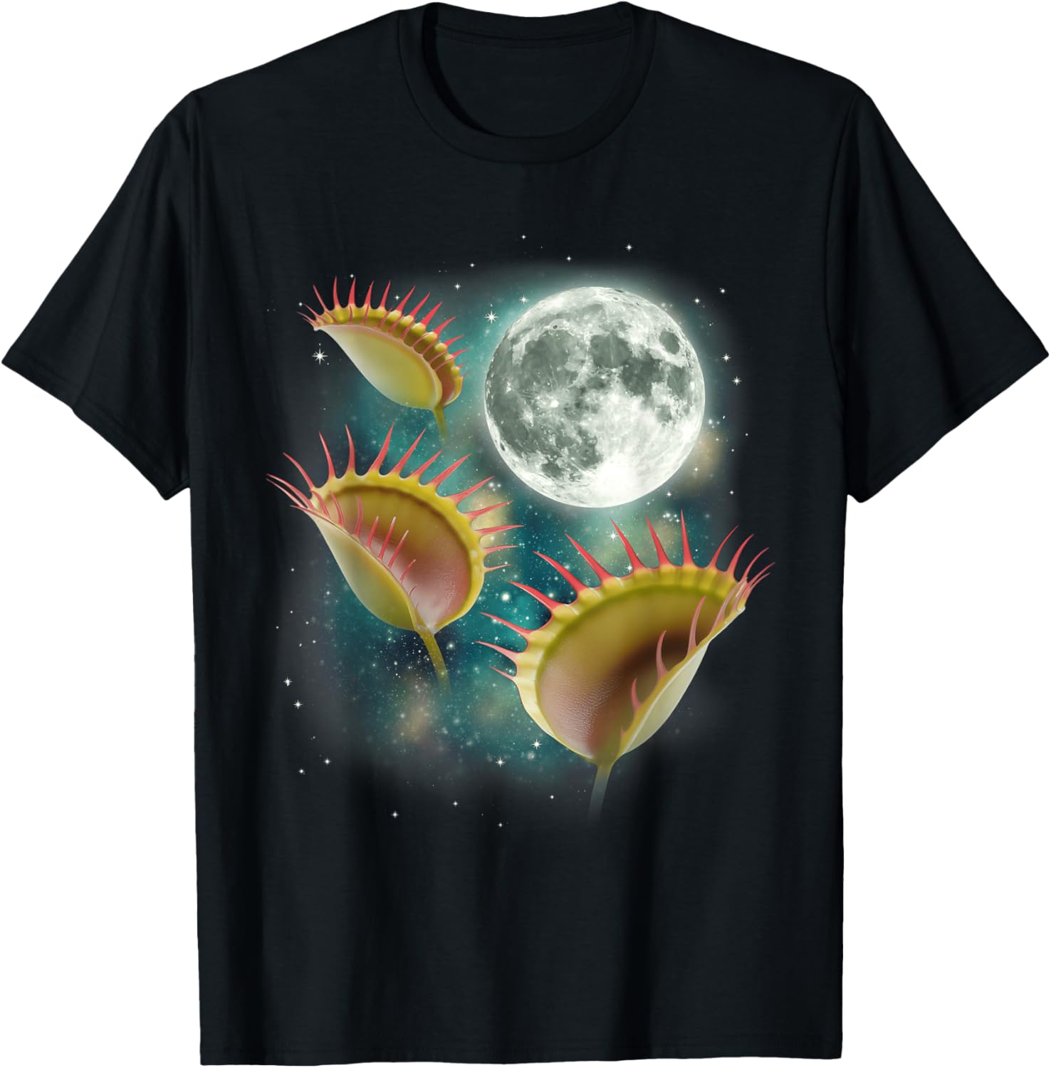 

Three Venus Flytrap Moon Graphic T-Shirt Unique Carnivorous Plant Print Casual Crew Neck Tee 4XL