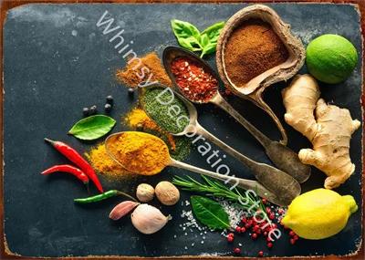 Kitchen Themed Wall Art Decor Colorful Spice and Spoon In Table Metal Tin Sign Food Cooking Ingredients Metal Art Print Decor