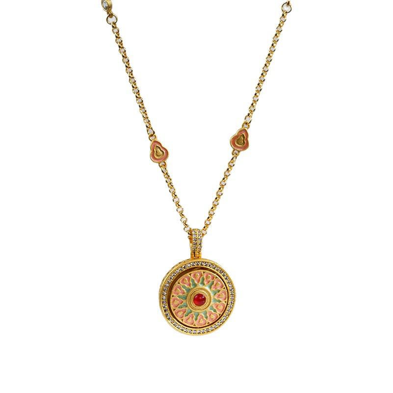 Chinese Style Gold Gourd Good Luck Diamond Necklace with Rotatable Compass Pendant for Women
