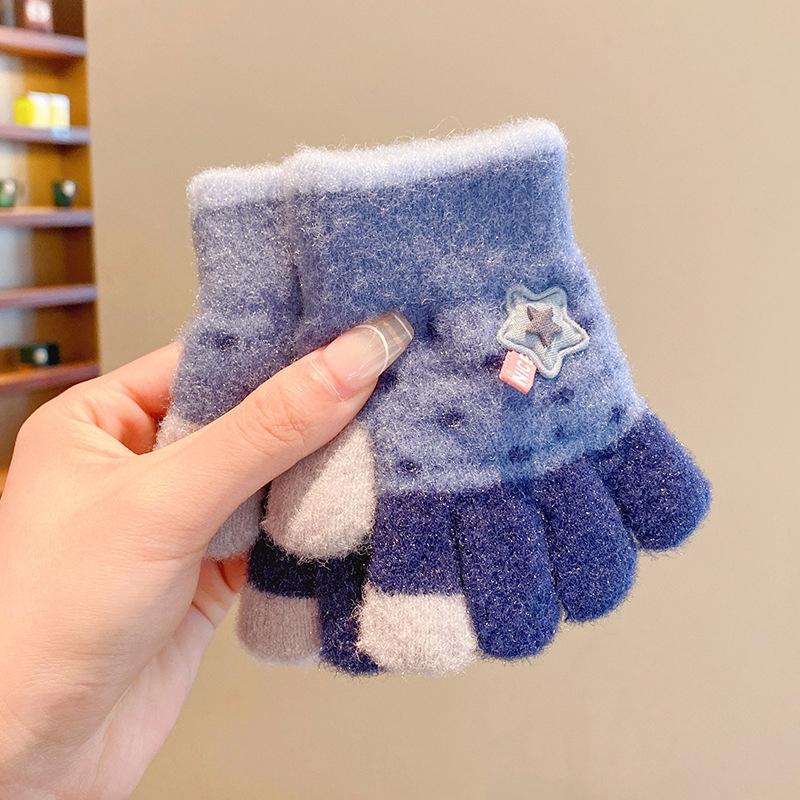 

Children s Five-Finger Gloves In Winter Warmth Plus Velvet Thickening Cute Winter Windproof Baby Full Finger Girl Split Finger синій