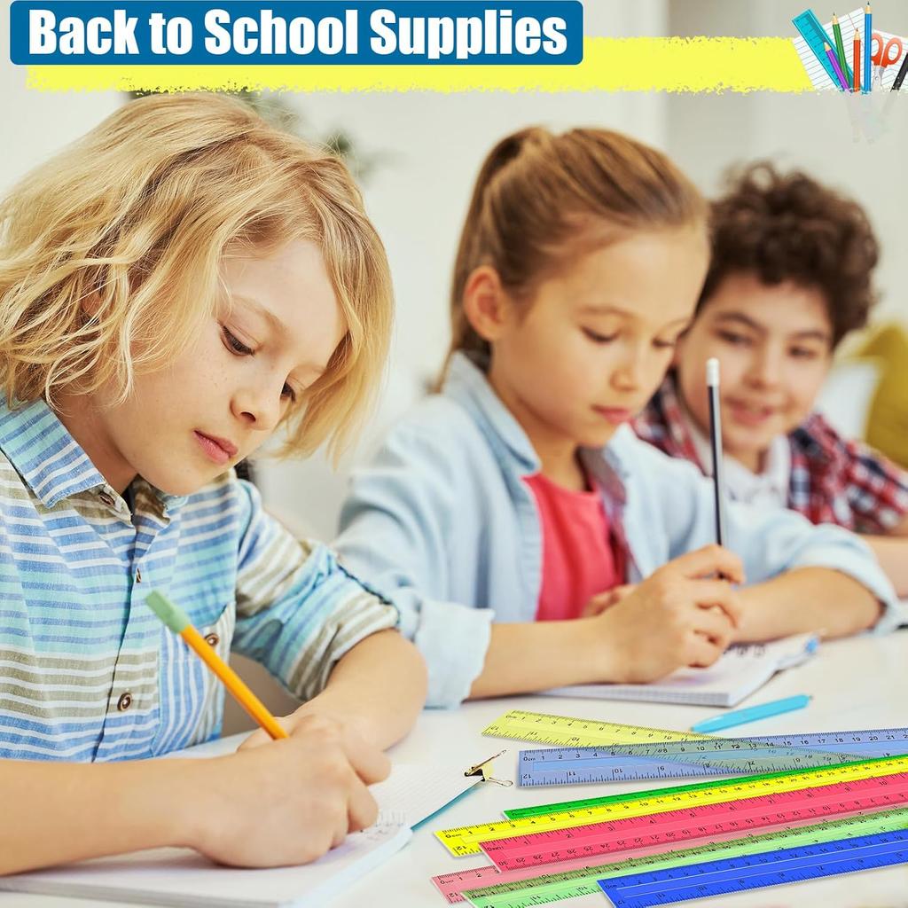 12 Inch Plastic Rulers, 32 PCS Transparent Assorted Color Metric Bulk Rulers with Inches Centimeters Millimeter. Measuring Drawing Tool for Kids,