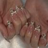 Almond Leopard Print Short False Nails with Pearl Bow Design