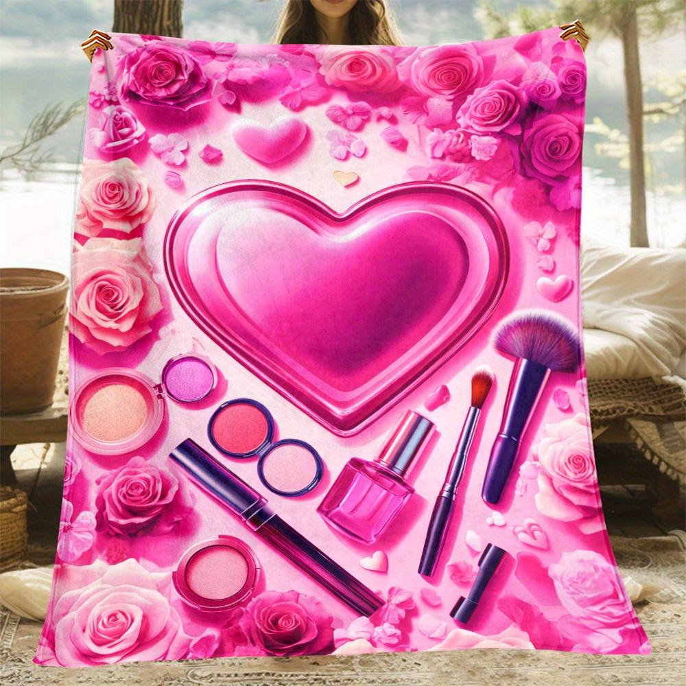 1pc Pink Heart Makeup Roses Fleece Blanket Romantic Beauty Theme Soft Cozy Throw Blanket for Women Bedroom Decor Gift