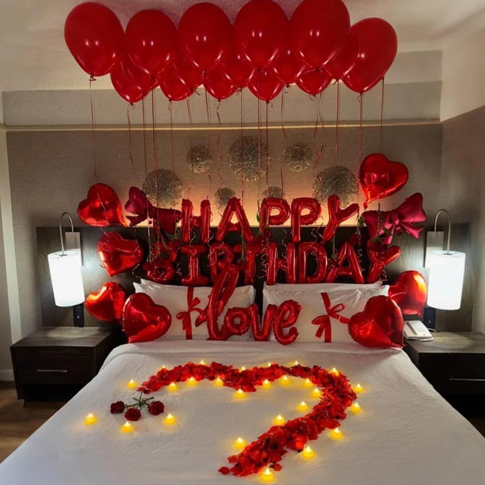Red Birthday Balloon Set with Bow, Love Heart, Aluminum Foil Balloon, Simulated Petals for Birthdays and Valentine's Day