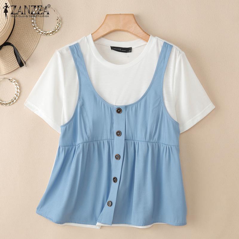 ZANZEA Women Casual Round Neck Summer Short Sleeve Patchwork T-Shirts