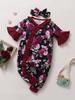 Romper Jumpsuit Baby Rose Print Floral Headband Ruffle Set 7693 Black 74 [Misia Luxury] 2-Piece (6-9 Months)