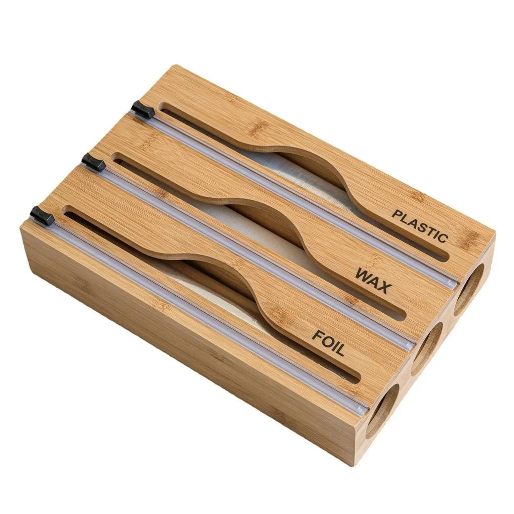 Wooden Cling Film Cutter Three Way Cling Wrap Dispenser Wall Mounted Kitchenware Multi Compartment Multi Layer Hidden Scratchers