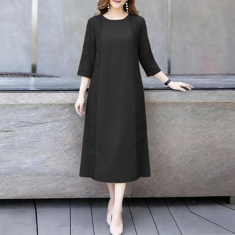 ZANZEA Women Casual Round Neck 3/4 Sleeve Casual Lace Patchwork Dress
