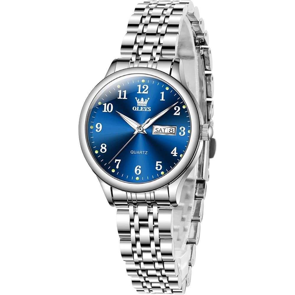 OLEVS Women s Analog Quartz Watch with Date and Day, Waterproof, Stylish, Blue Dial, Silver Stainless Steel Band