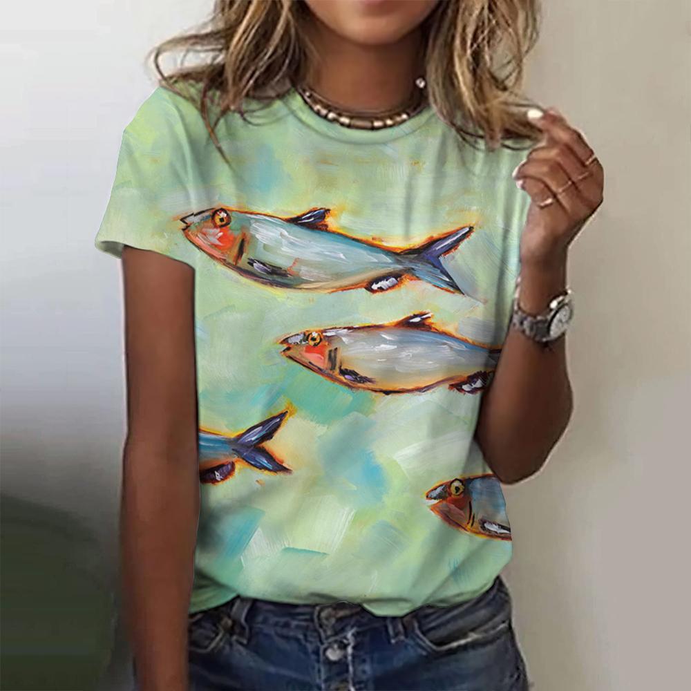 Summer Round Neck 3D Fish Printed Top Fashionable Casual Short Sleeved Women's T-shirts