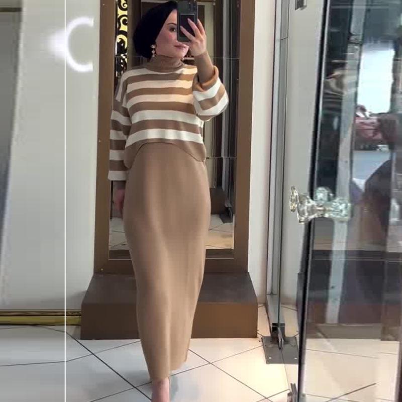 2024 Autumn Women's Fashion Color Block Short Top & Slim Fit Dress Set