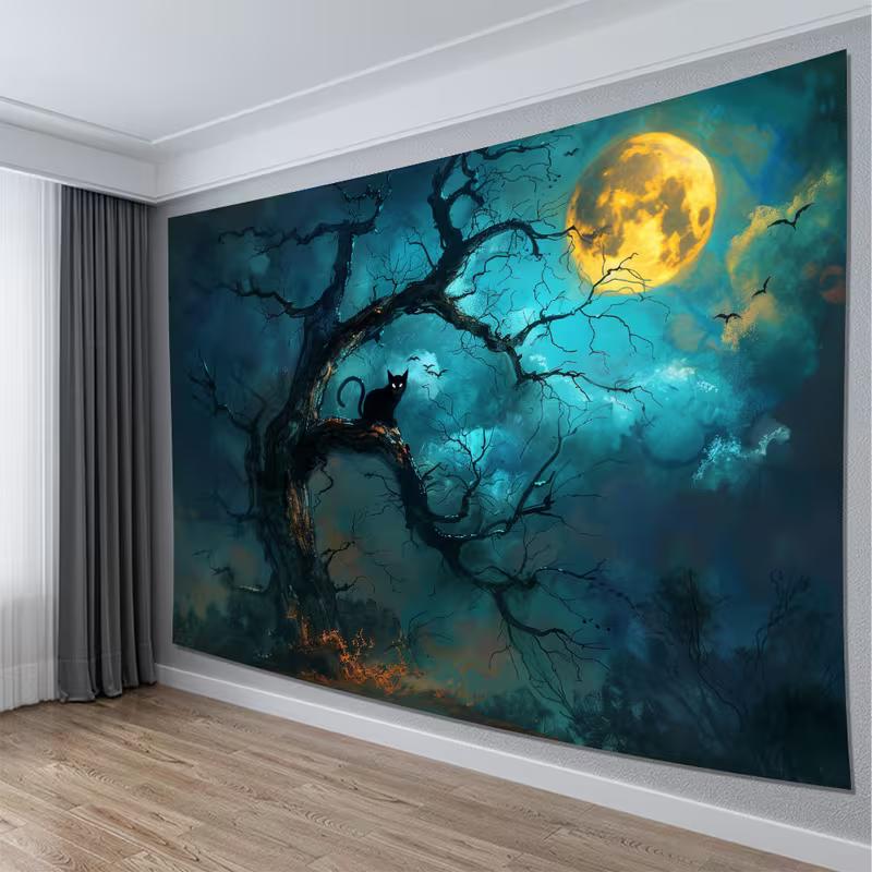 2D Spooky Halloween Black Cat Moon Tapestry Dark Night Forest Wall Decor Cloth for Home & Bedroom