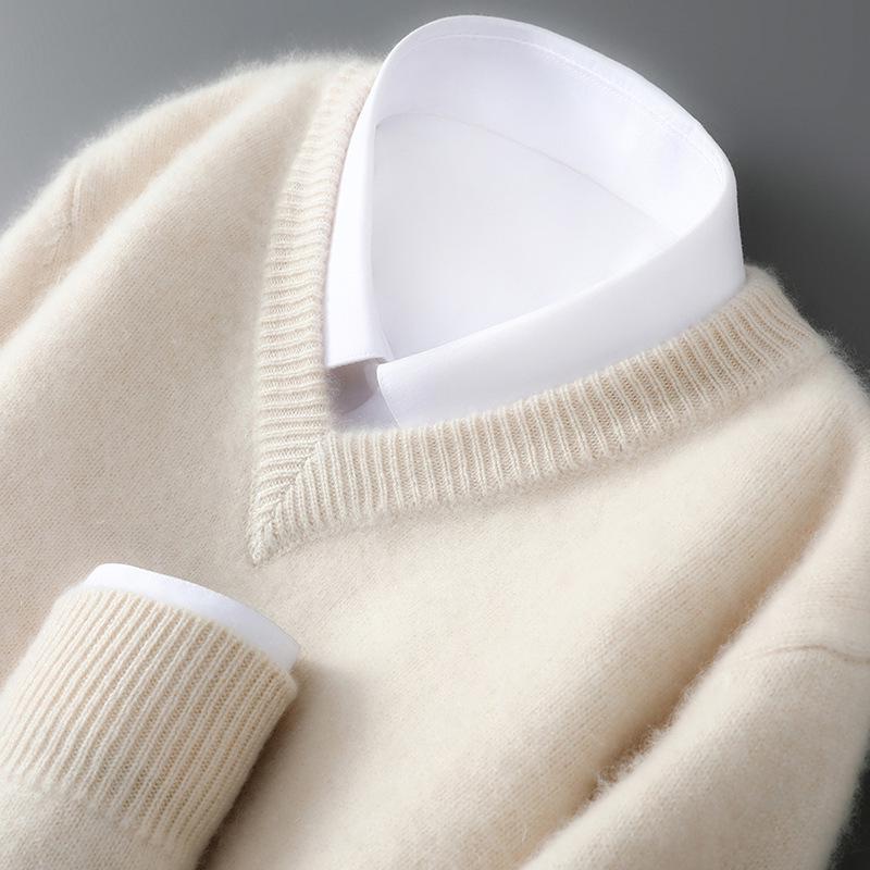 Men's 100% Pure Wool V-neck Thick Warm Business Casual Sweater